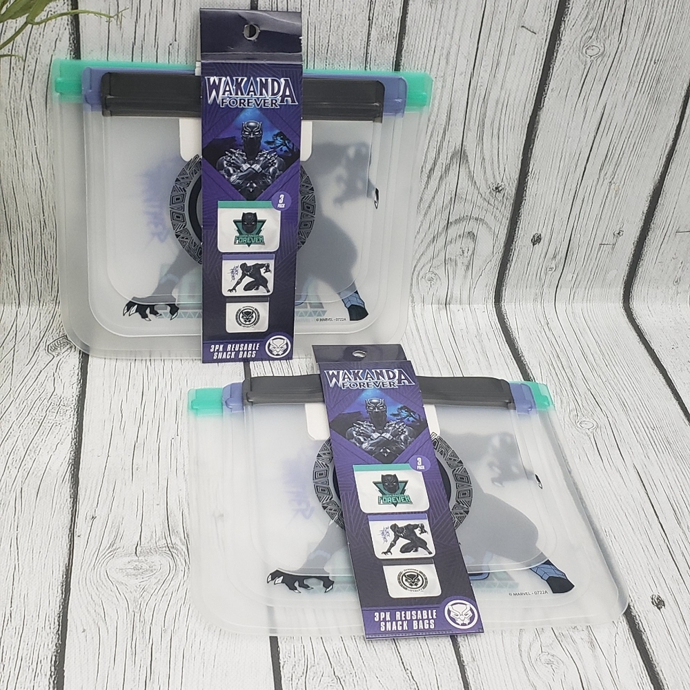 2 New Marvel Wakanda Forever 3-Pack Reusable Snack Bags